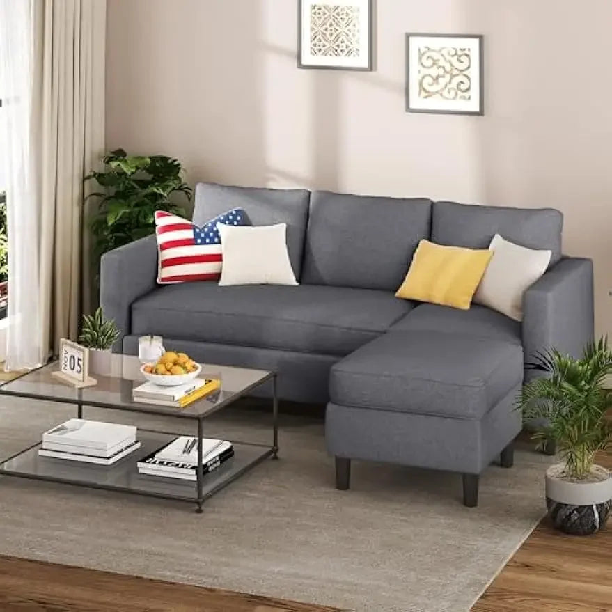 Small 3 Seat L Shaped Sectional Couch with Ottoman Fabric Upholstered Living Room Sofa Ideal for Apartments