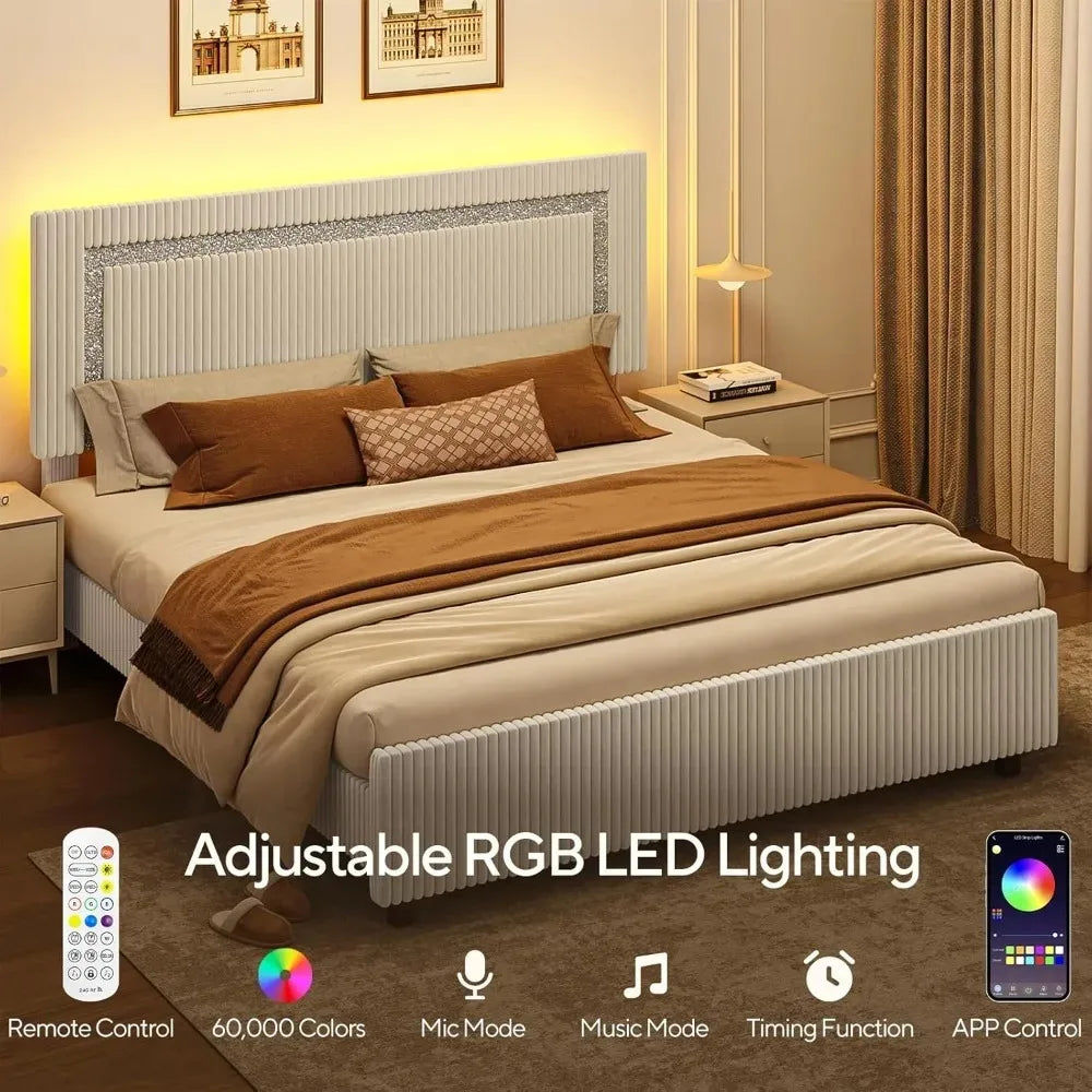 Full Size Corduroy Upholstered Bed Frame with Headboard – LED Platform Bed with Silver Glitter Trim