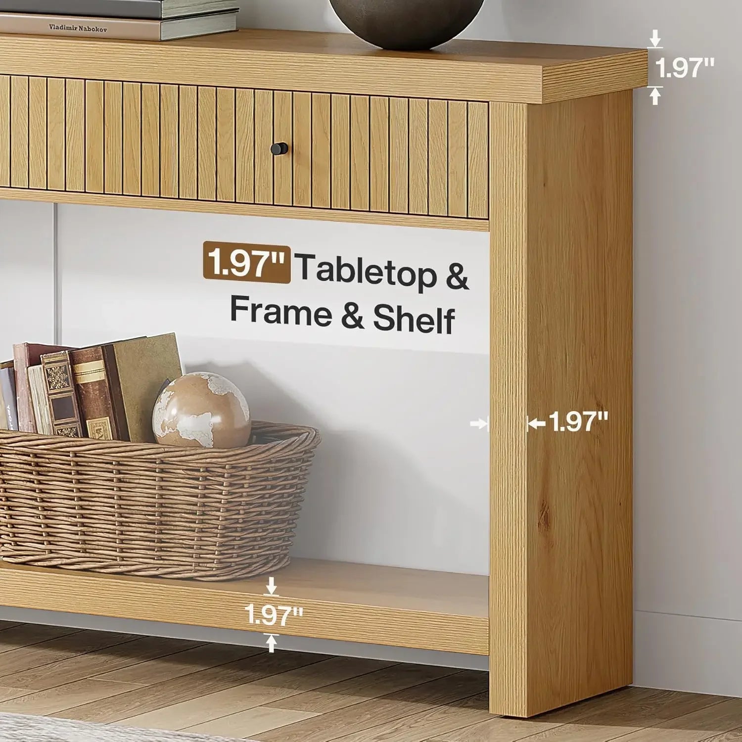 Wood Console Table with Drawers, Long Entryway Table, 70.9 inch Sofa Table Oak Furniture with Open Storage Shelves Wooden