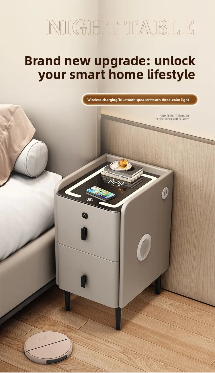 Ultra Narrow Smart Nightstand Luxury Bedside Table Minimalist Solid Wood Storage Cabinet Compact Bedroom Organizer with Charging