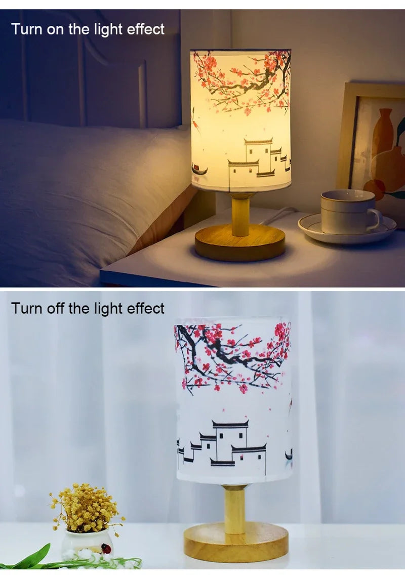 LED Table Lamps Decoration Plum Blossom Desk Dimmable EU Plug Night Light Chinese Style Fabric Simple  Bedroom Bedside Lights