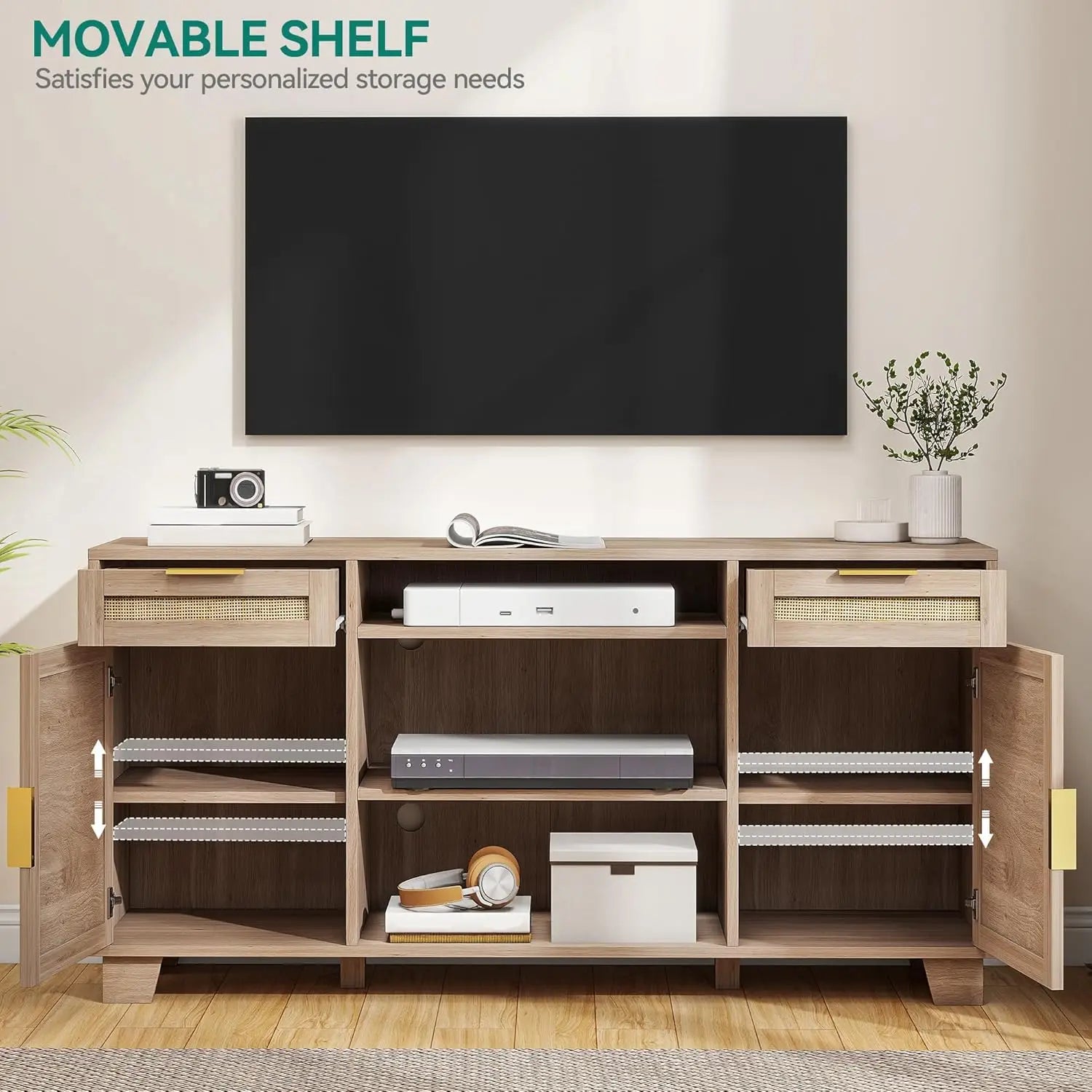 Rattan TV Stand for up to 65 Inch, Boho Media Console with Drawers & Adjustable Shelves, Natural Oak