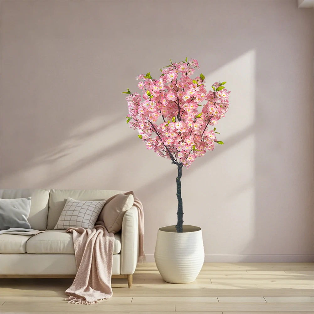 Artificial Cherry Blossom Tree, Tall Potted Faux Cherry Blossom Tree Plants In Pot With Lifelike Trunk For Indoor Home Decor