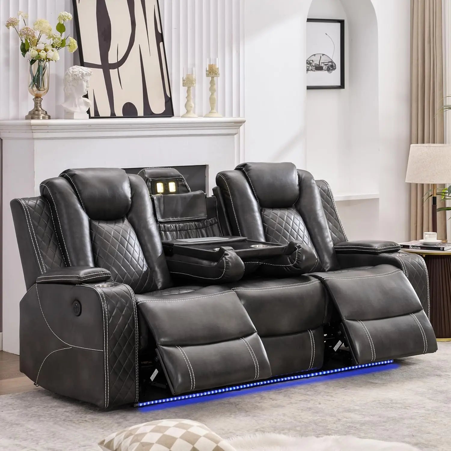 Power Reclining Sofa 0 Gravity w/ Wireless Charger,LED Floor Lights,Reading Light, Drop-down Table USB/Type-C Port(070)