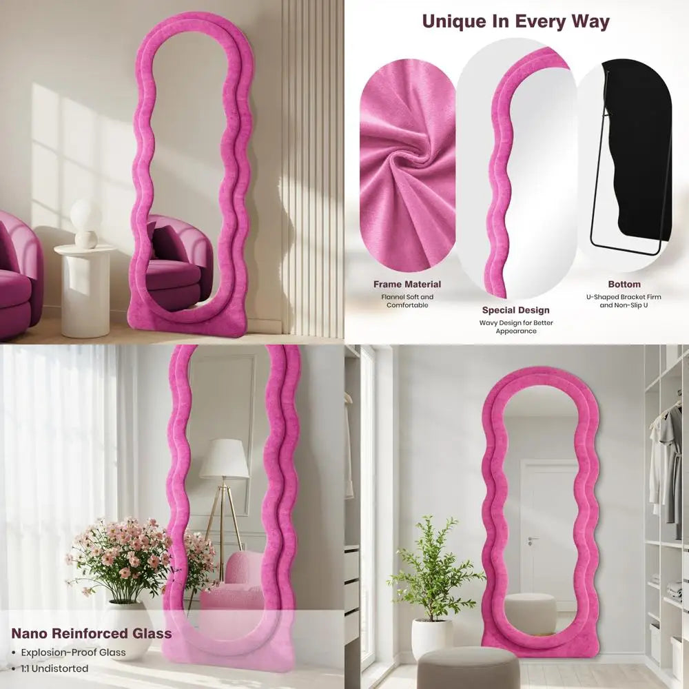 Arched Wavy Full Body Wall Mirror 63x24 Inches - Hot Pink Flannel Frame, Leaning or Hanging Wall Mount Option