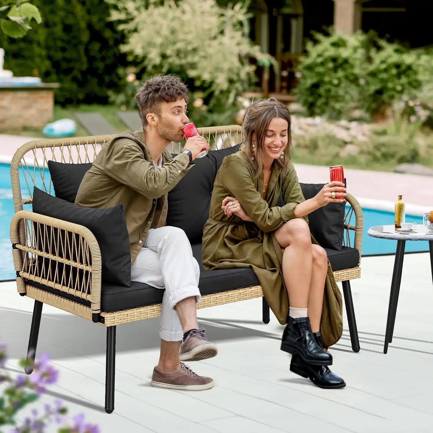 Patio Furniture Wicker Outdoor Loveseat, All-Weather Rattan Conversation for Backyard, Balcony and Deck with Soft Cushions