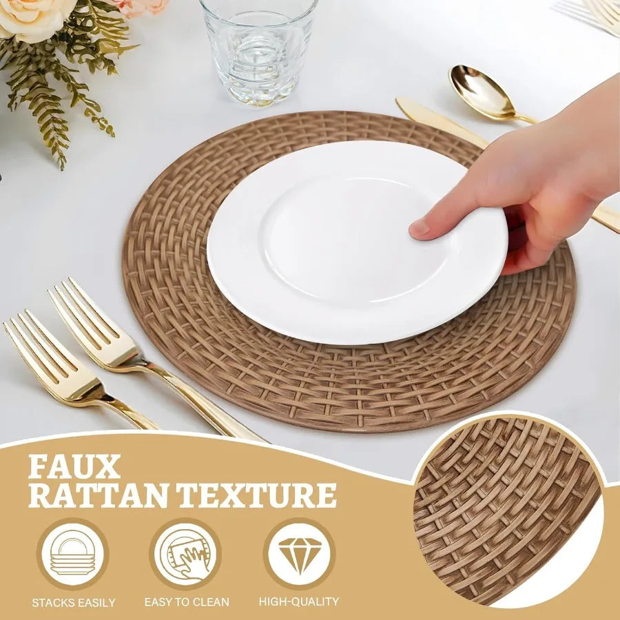 Faux Rattan Charger Plates – Set of 12, 13″ Round Brown Table Chargers