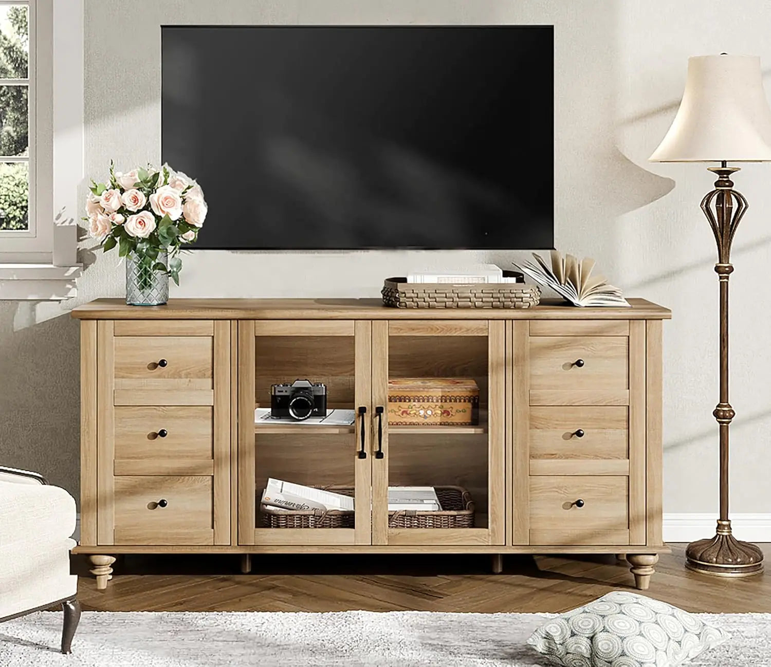 Farmhouse TV Stand for TVs Up to 65 inch, Wood TV Console Table with Storage Cabinets & Glass Door,