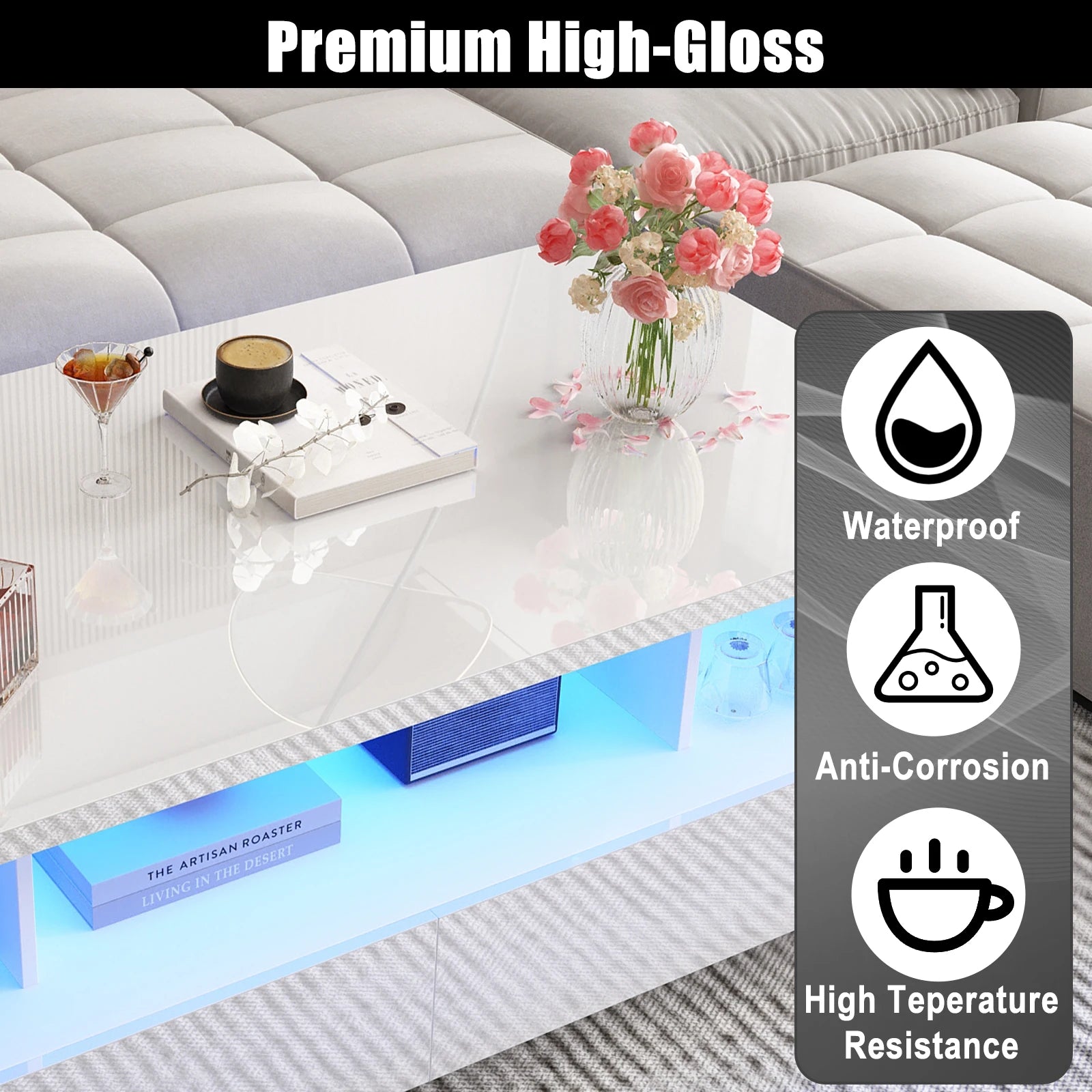 43” LED Coffee Table – Modern High-Gloss Rectangular Center Table with 2 Drawers & Display Shelf