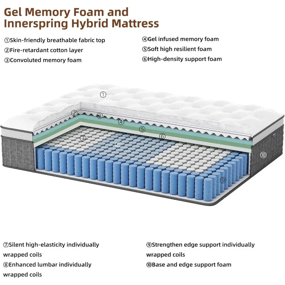 Mattress King Size, Medium Firm 10 Inch Mattresses with Extra Lumbar & Shoulder Support, Hybrid Mattress King with Gel Memory