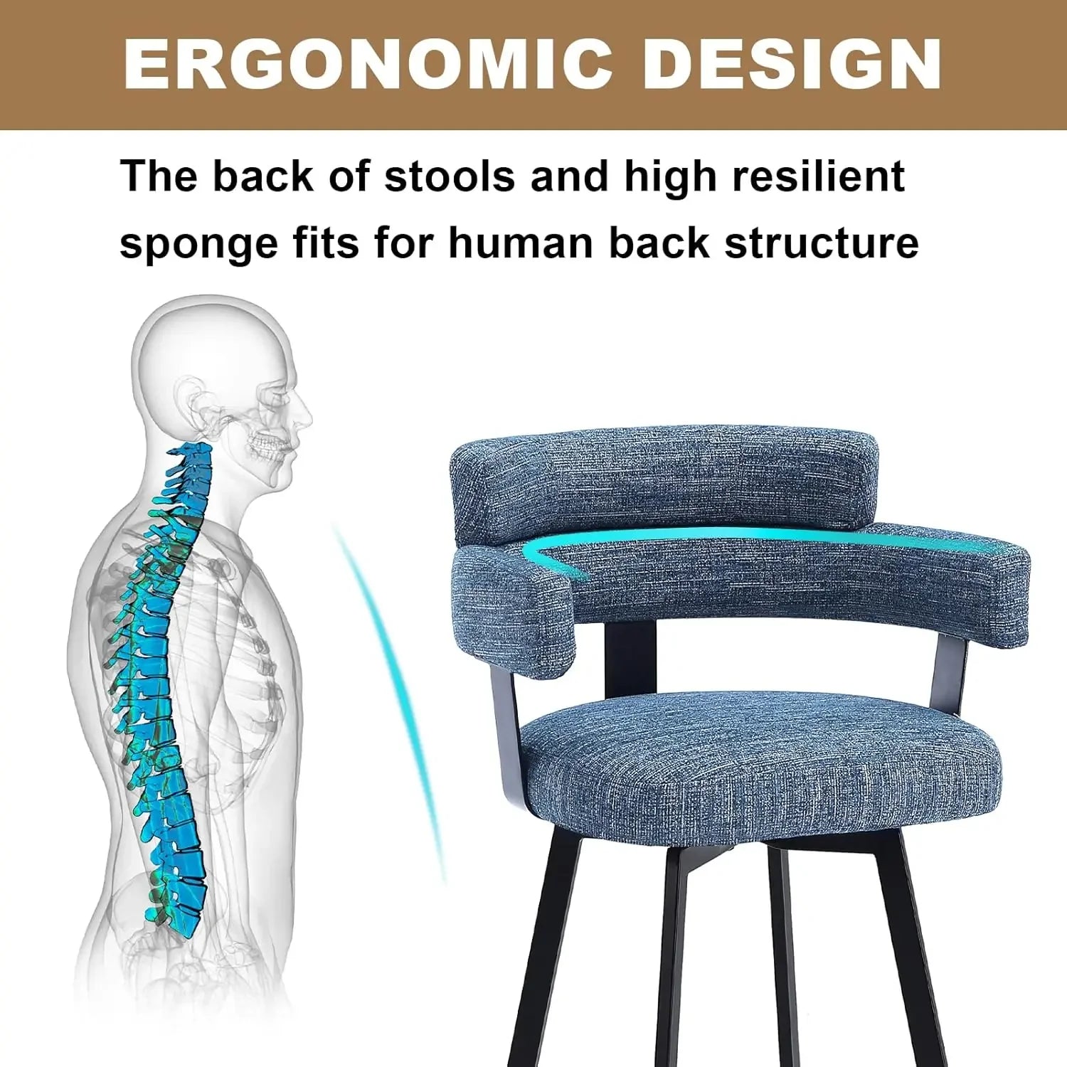 Counter-Height Bar Stools with Full Back – Swivel Linen Padded Stools (Set of 2, Blue)