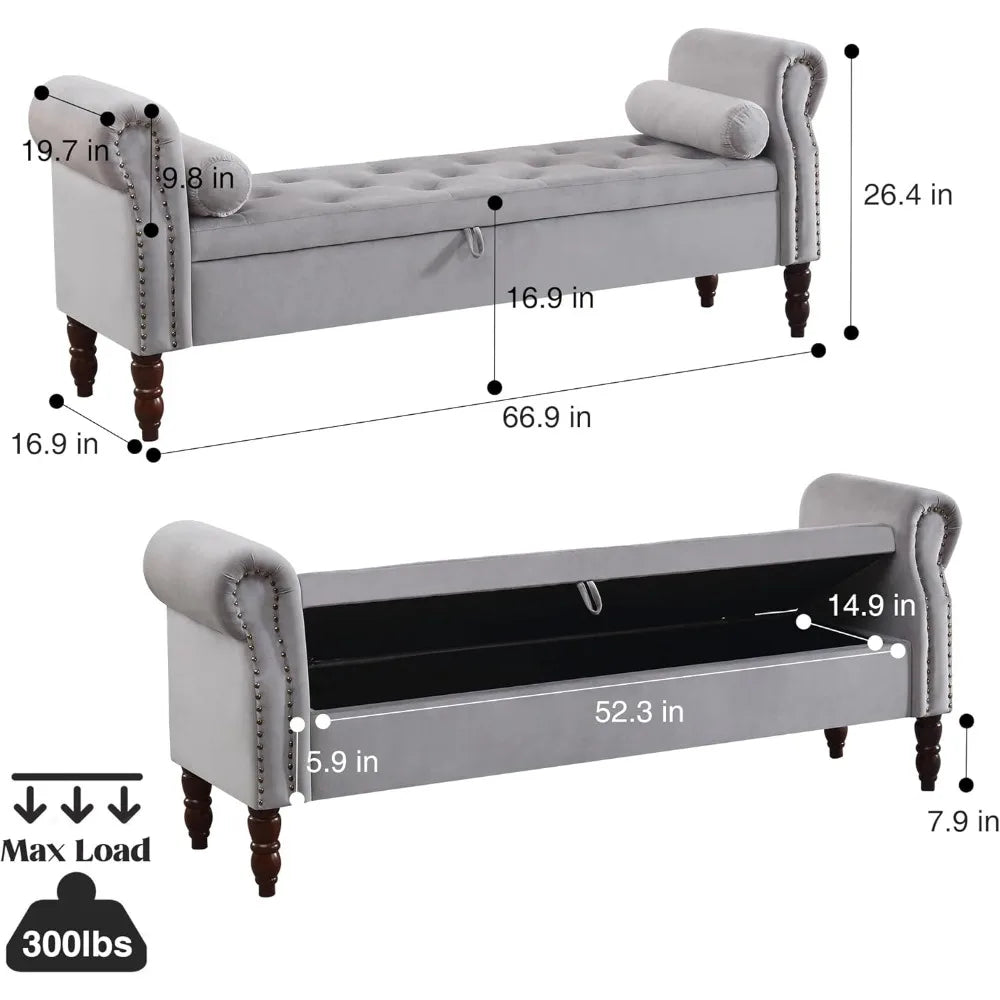 King Size Velvet Upholstered Storage Bench – End-of-Bed Bedroom Bench
