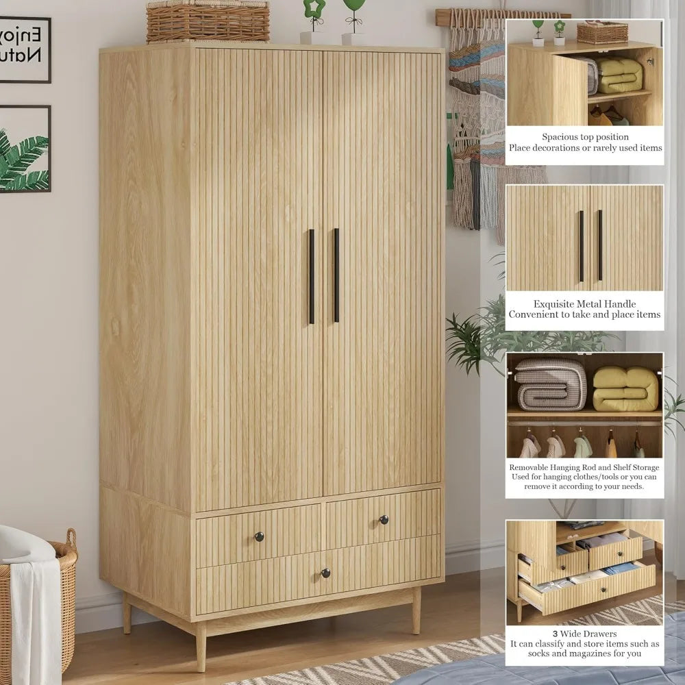 Armoire Wardrobe Closet with 2 Fluted Doors,64.96" Wooden Clothes Storage Cabinet with Hanging Rod and Shelf Storage,Wardrobe Ca