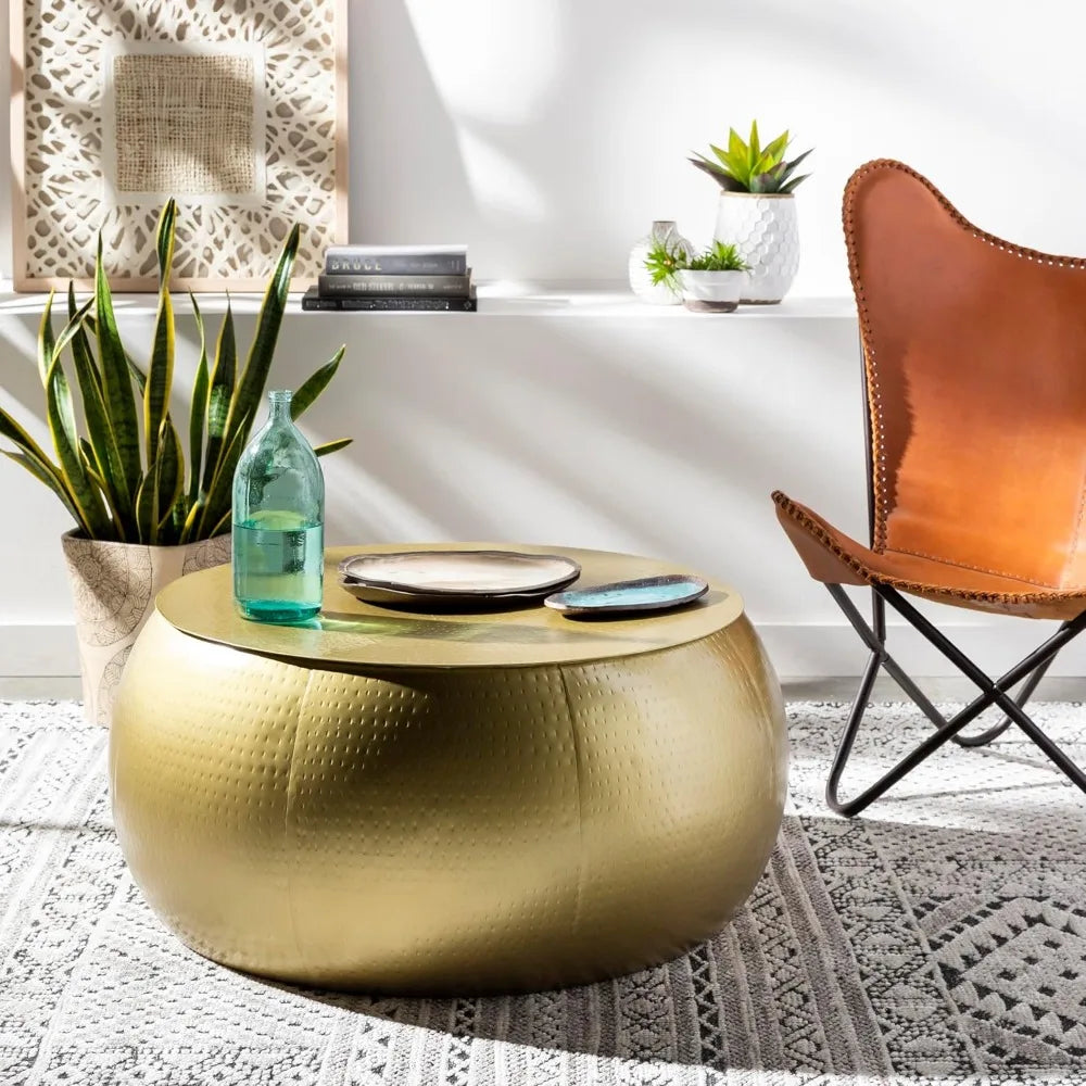 Ladis Modern Glam Gold Round Coffee Table – Mid-Century Center Table for Living Room & Office