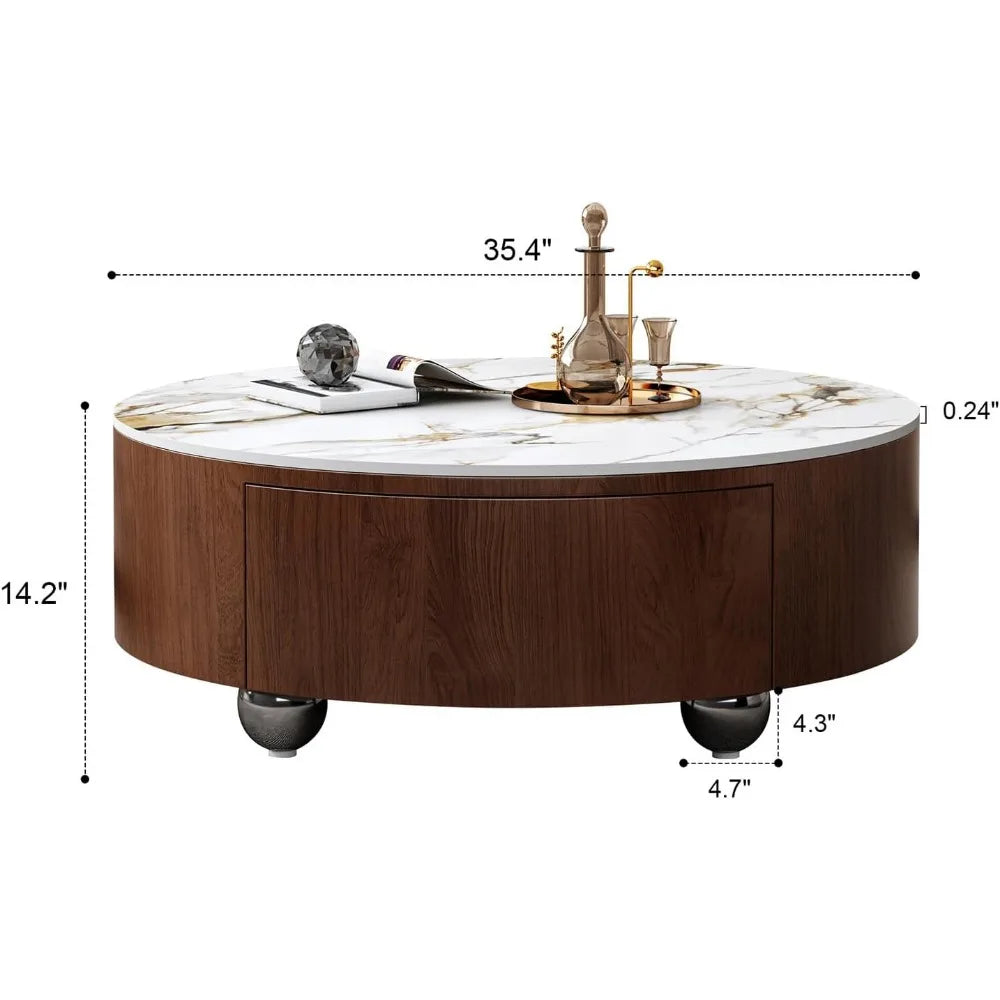 35.4” Mid-Century Modern Round Coffee Table – Marble Top with Drawers, Solid Walnut Wood