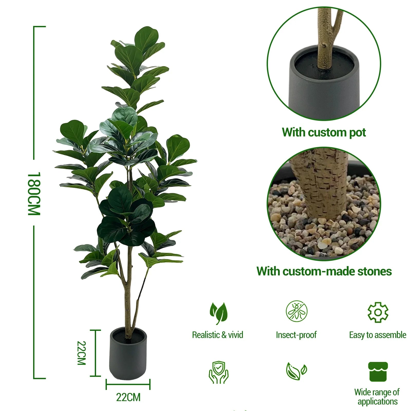 150cm Artificial Fiddle Leaf Fig Tree with Grey Planter Faux Floor Plant Indoor and Outdoor Fake Plant Tree Home Office Decor