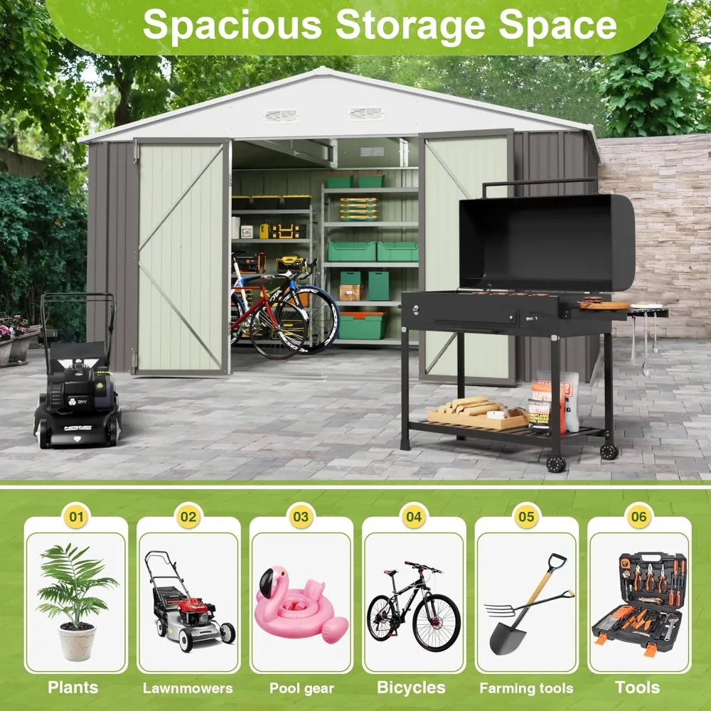 Large Grey Metal Outdoor Storage Shed - 10x10 FT Garden & Tool Shed for Backyard Patio Lawn