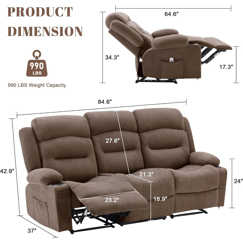 Oversized Recliner Sofa with Heat and Massage, Wall-Hugger Reclining Sofa with USB Port and Cup Holders, Large Big 3-Seater RV R