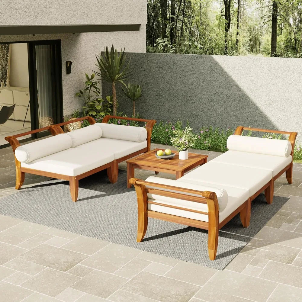 Outdoor Patio L-Shaped Sectional Sofa Set with Acacia Wood and Coffee Table for Conversation Seating