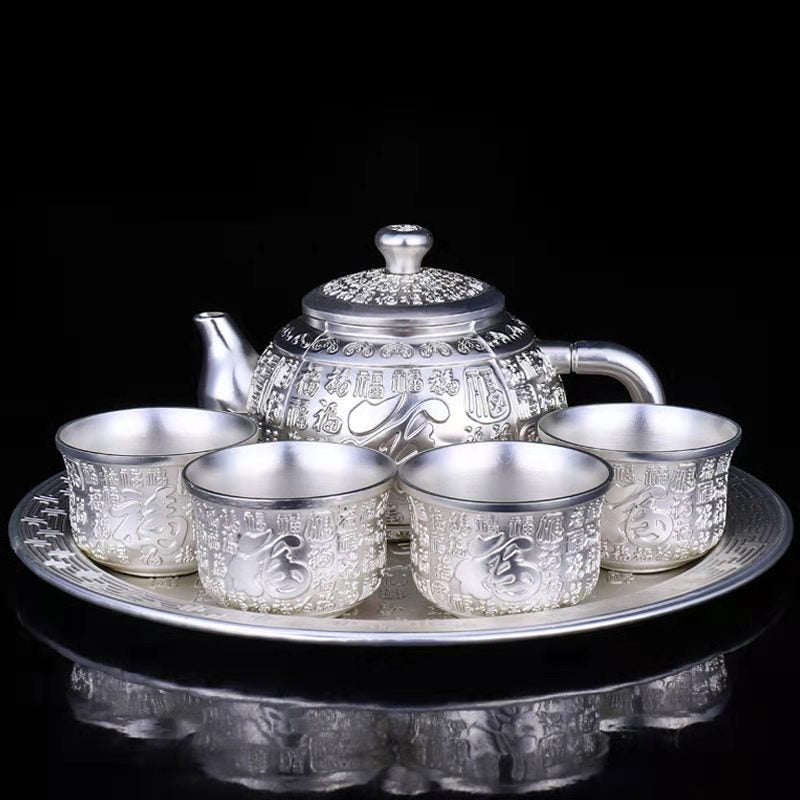 High-Grade Hand-Gilt Silver Tea & Wine Set – Silver-Plated Teapot with Chinese Wine Glasses
