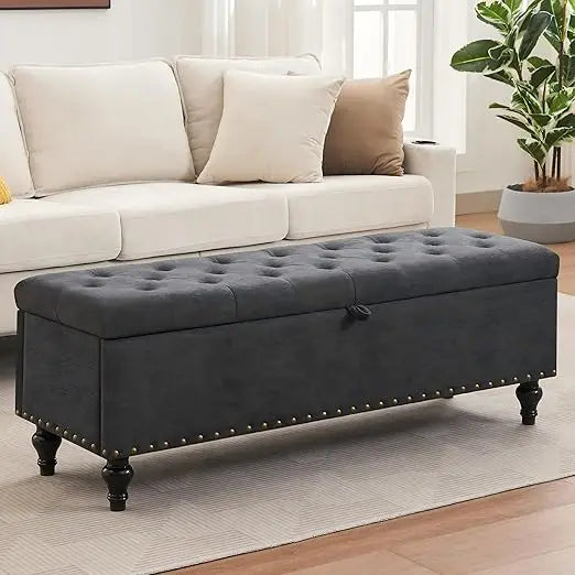 Large Upholstered Storage Ottoman Bench – Safety Hinges Heavy-Duty Design