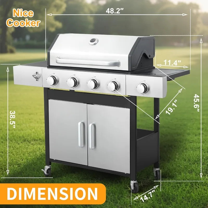 4 Burner Propane Gas BBQ Grill with Side Burner - 46890 BTU Output Stainless Steel Grill with Enameled Cast Iron Cooking