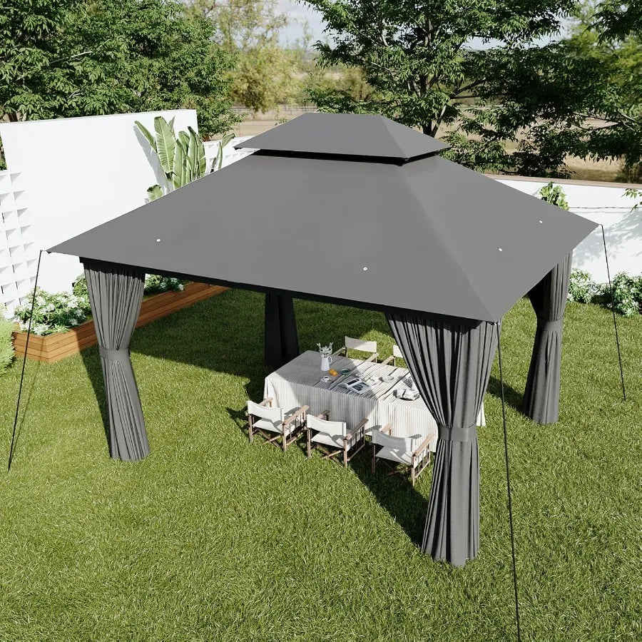 Outdoor Gazebo for Patio 10x12 Metal Frame Canopy with Double Roofs Heavy Duty Party Tent and Shelter with Mosquito Netting and
