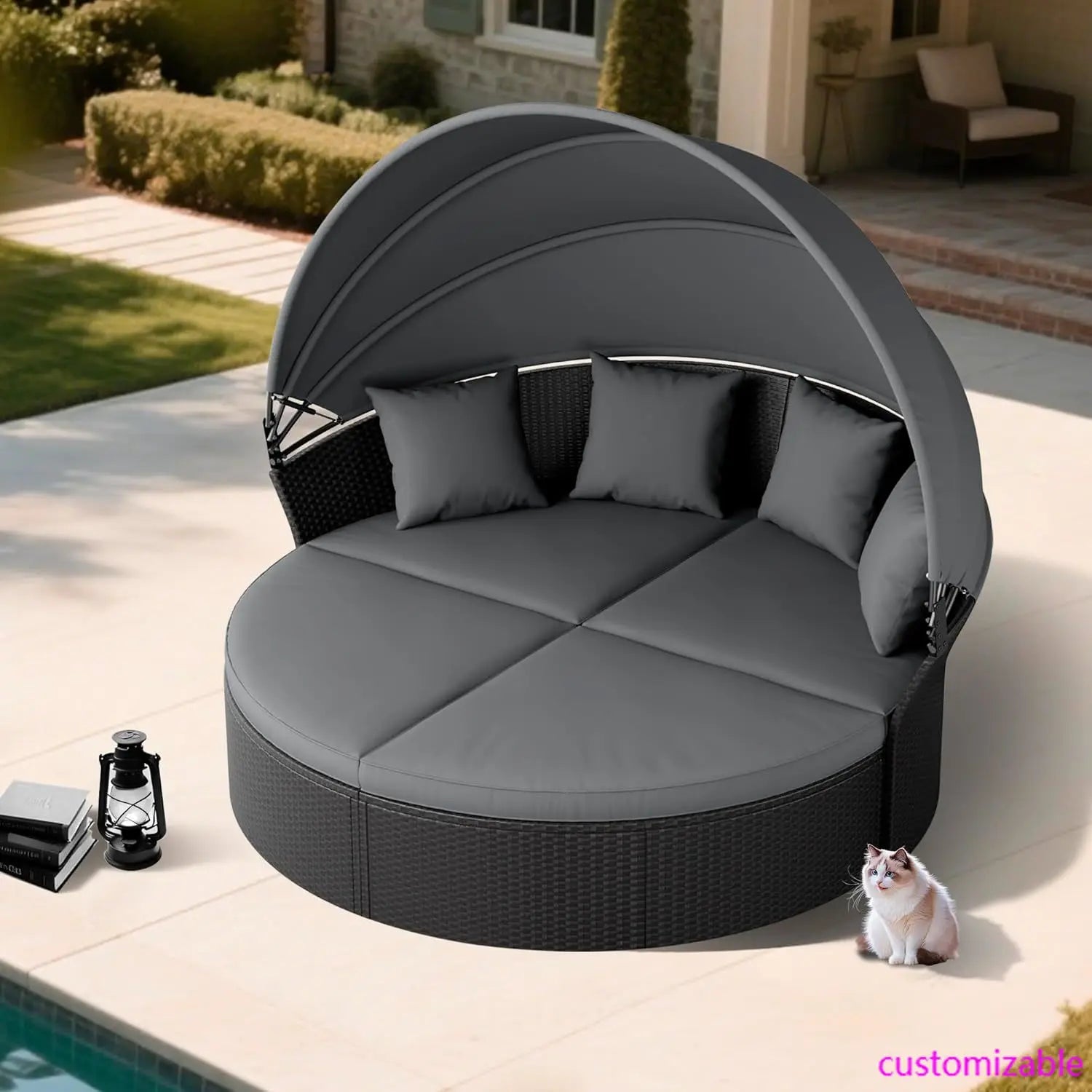 Outdoor Patio Round Daybed with Retractable Canopy, Wicker Furniture Clamshell Sectional Seating with Washable Cushions
