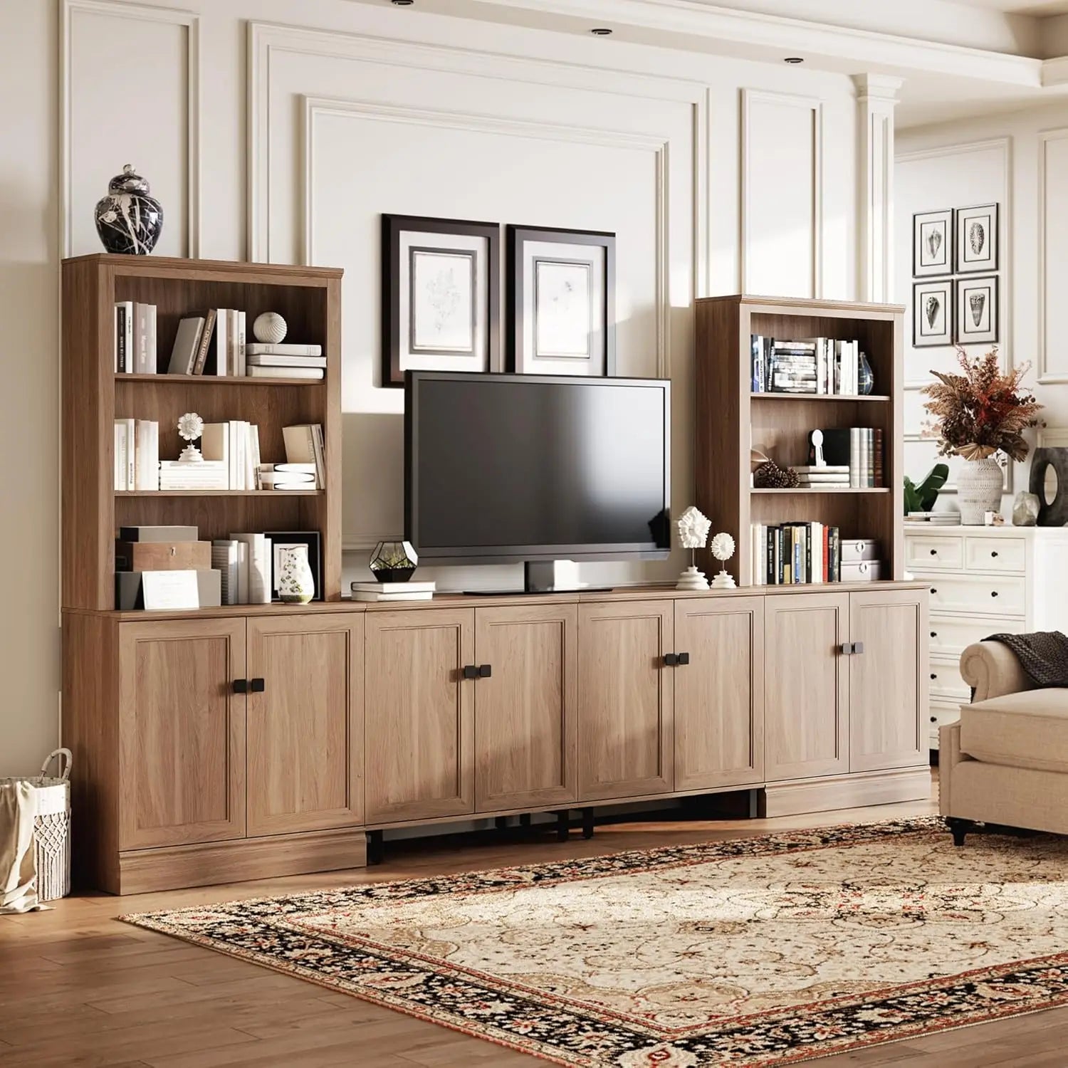 Entertainment Center with Bookshelves for TVs up to 75", Farmhouse Wall Unit TV Stand with Doors, Media Console Table for Living