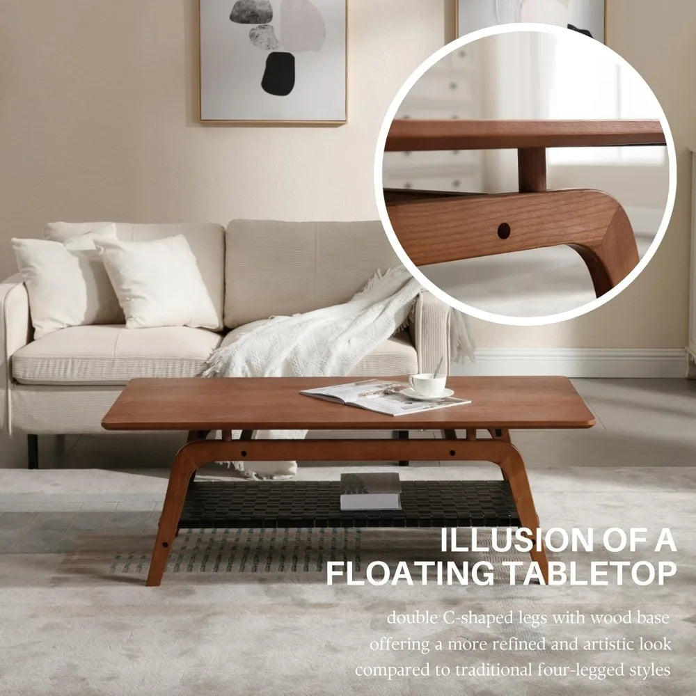 Solid Wood Coffee Table – 47” Mid-Century Modern Rectangular Coffee Table with 2-Tier Storage