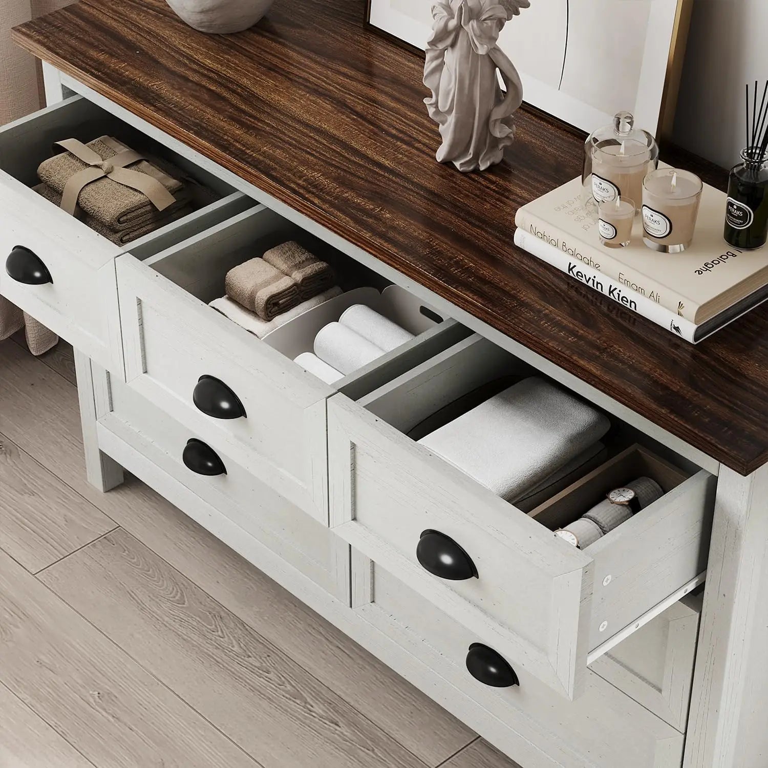 Farmhouse White Dresser for Bedroom, Wide Wood Dressers & Chests of Drawers with Vintage Black Handle, 7 Drawer Dresser