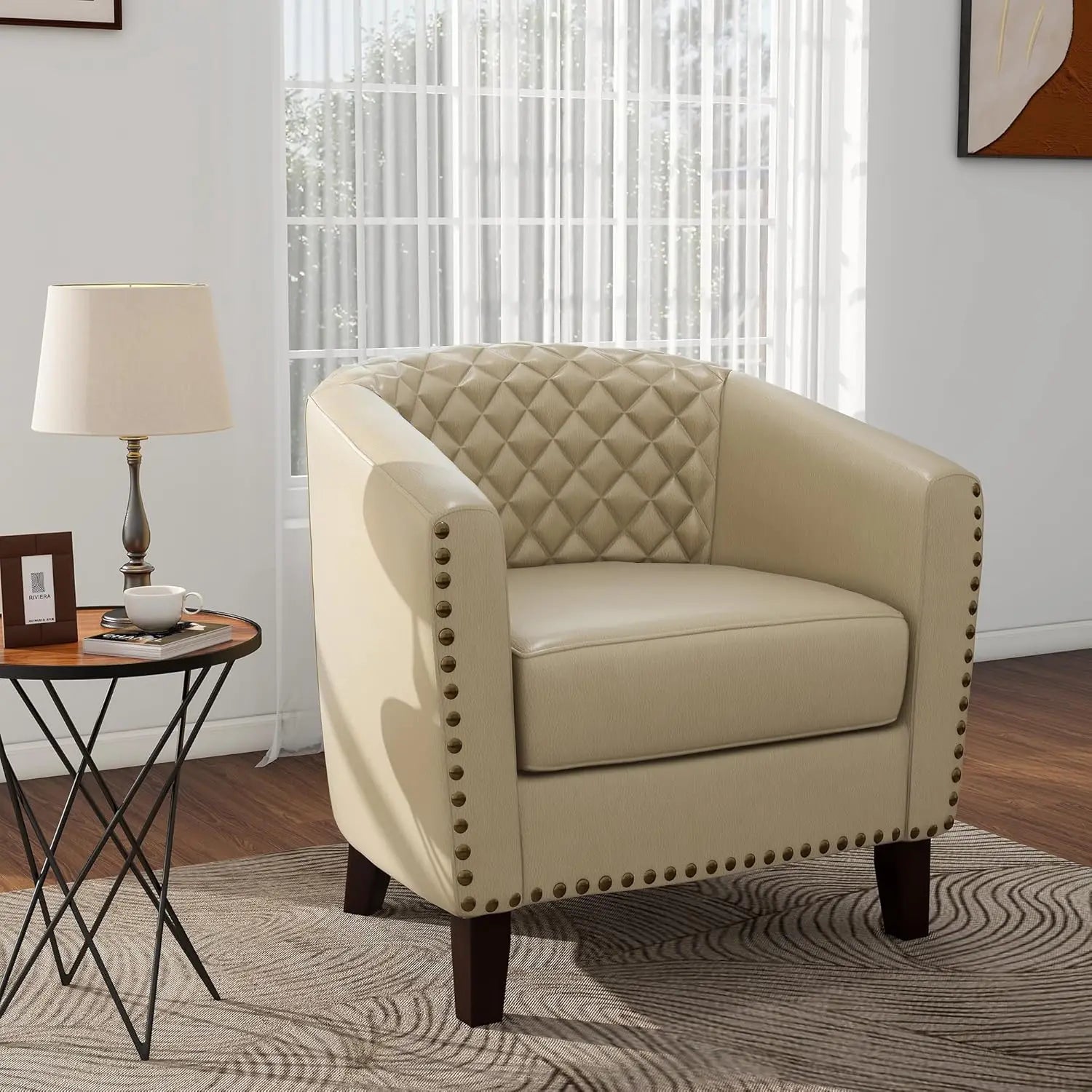 Pia Ricco Faux Leather Barrel Accent Chair – Modern Club Armchair with Wood Legs