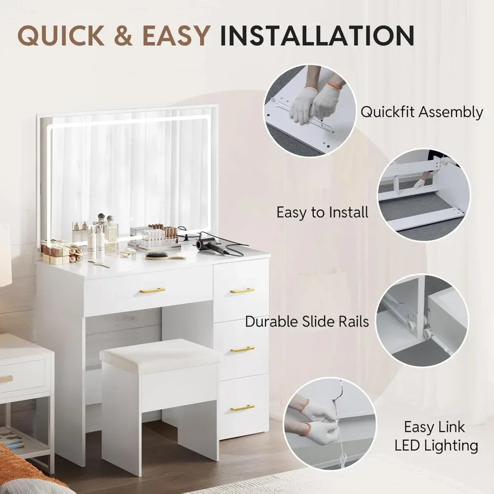 Modern White Makeup Vanity Set with LED Mirror Charging Station 4 Drawers Storage Stool 3-Foot Bedroom Desk