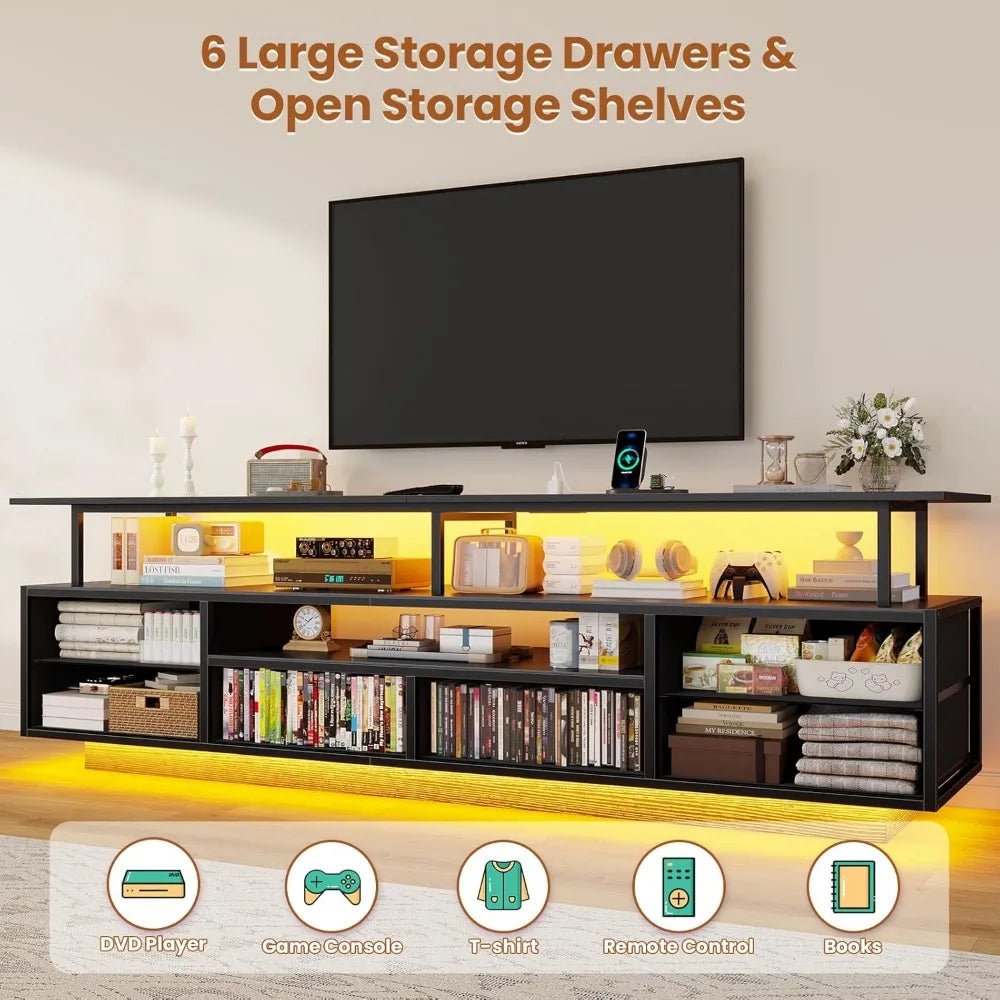 Entertainment Center for 65-70 Inch TVs with LED Lights, Power Outlets, Open Shelves & 6 Fabric Drawers