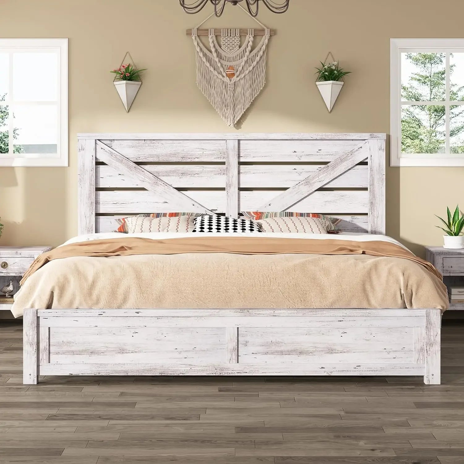 King Size Farmhouse Platform Bed Frame – 49.2″ Barn Door Headboard with Underbed Storage (Distressed White)