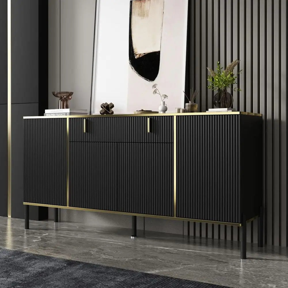 Black & Gold Buffet Cabinet with Drawers and Pop-Up Doors, Modern Sideboard Storage for Living Spaces (63W x 15.7D x 31.5H)