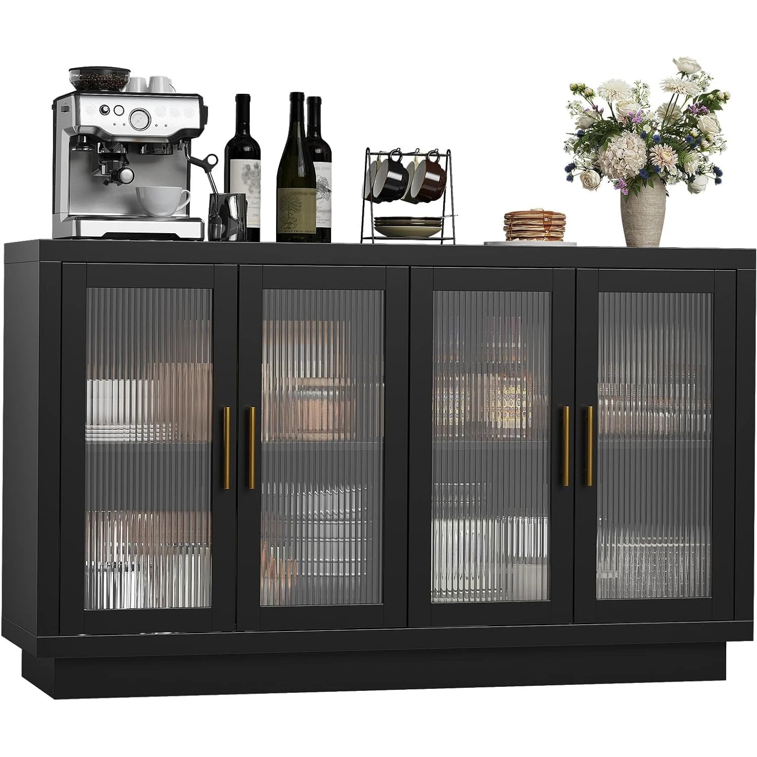 Buffet Cabinet with Storage 55.1" Large Wood Cabinet with 4 Fluted Glass Doors Black Modern Storage Cabinets for Dinning Room