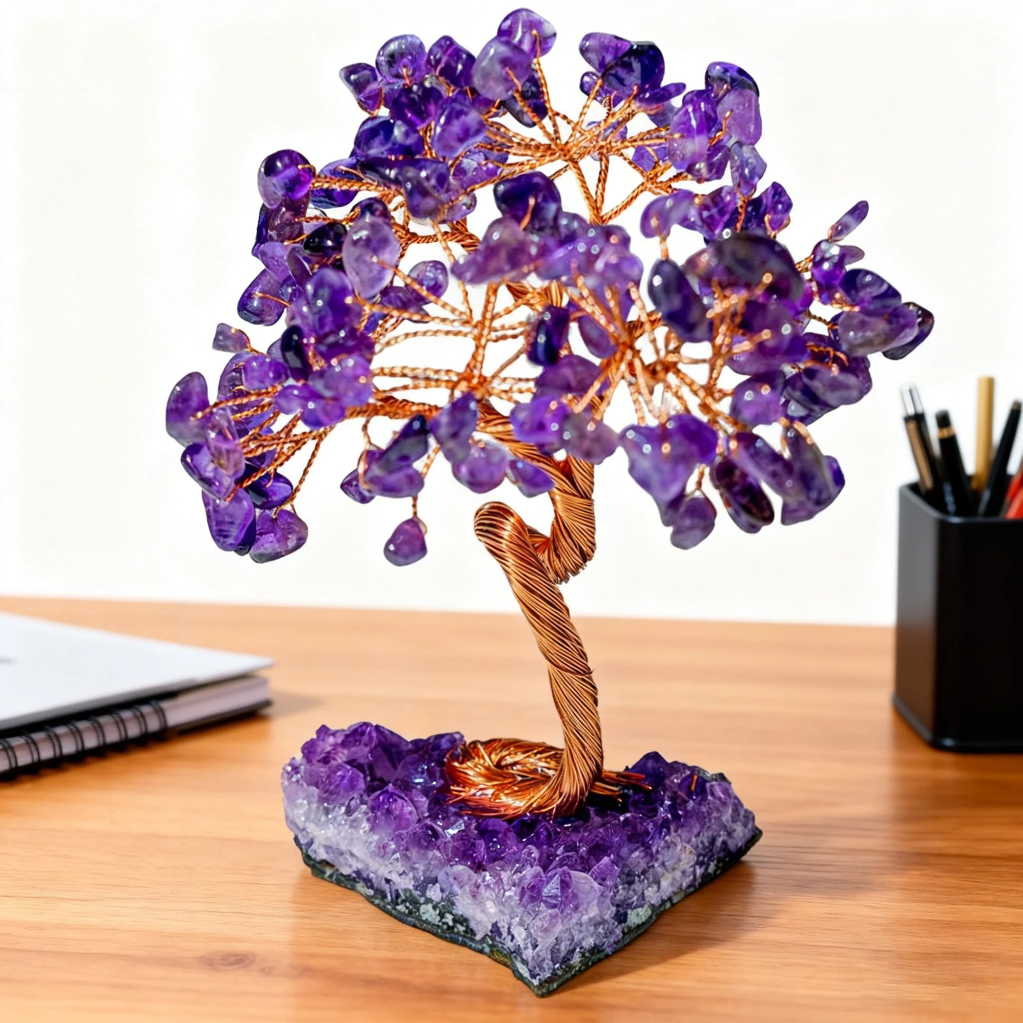Amethyst Healing Crystals Tree Wrapped with Wire on Natural Crystal Gravel with Base Stone Decoration for Home Desk Living Room