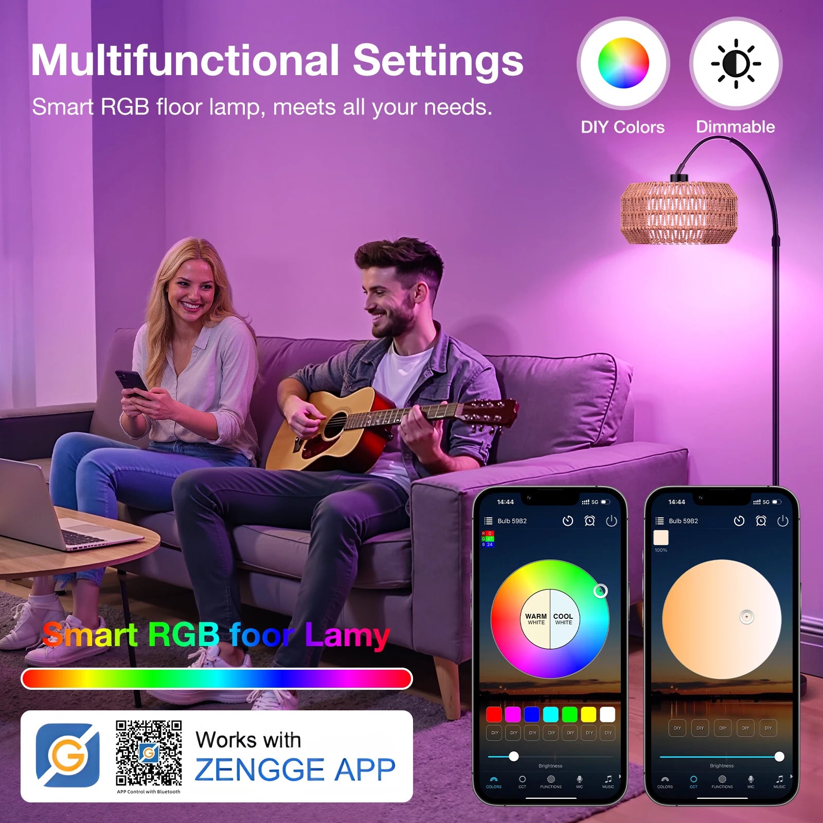 Modern Smart LED RGB Floor Lamp with APP Remote Control/ Stepless Dimming/ Timmer Setting/ Memory Function for Home Living Room