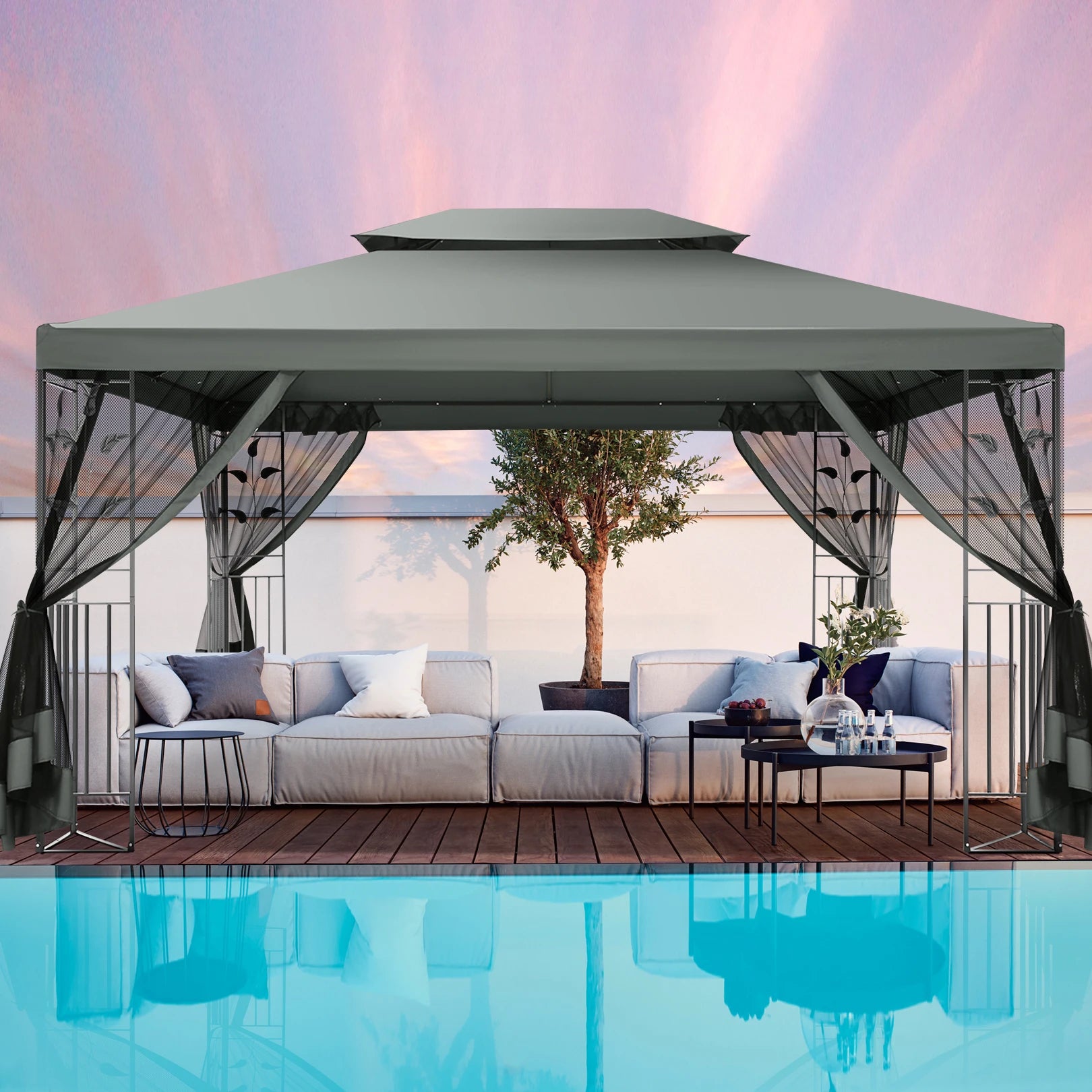 10x13 Outdoor Gazebo on Clearance with Mosquito Netting and Ventilated Double Flat Roof,All Weather for Patio,Backyard,Garden
