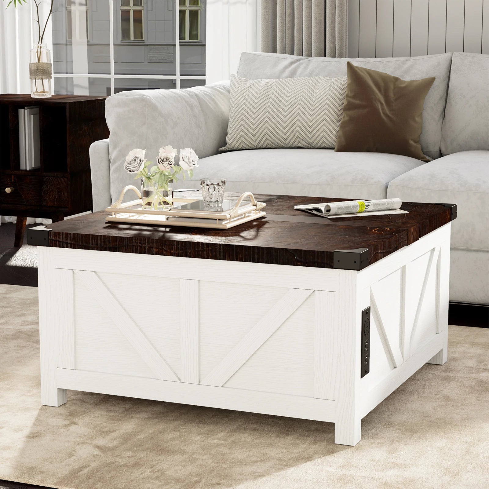 Lift-Top Coffee Table with Storage – 35.6”/40” Square Farmhouse Coffee Table