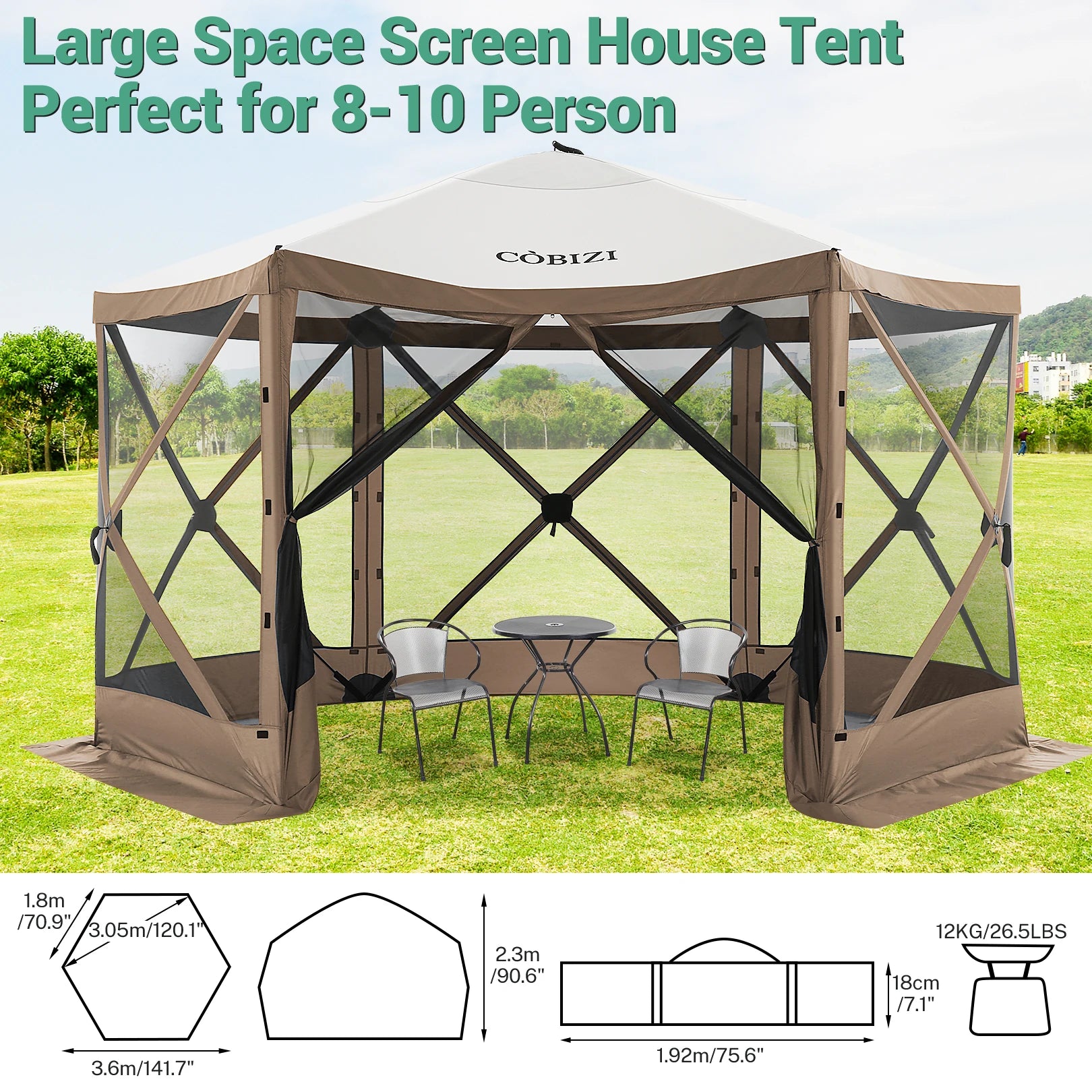 12x12ft Pop up Gazebo Screen House Tent with Mosquito Netting, 6 Sided Pop-up Canopy Shelter Tent Easy-Set Portable Gazebo