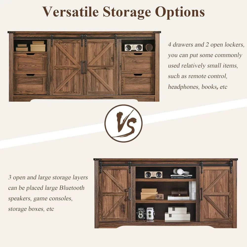 Farmhouse TV Stand for 75+ Inch TV, 32" Tall Entertainment Center w/4 Drawers & Sliding Barn Door, Rustic Media Console w/Stora