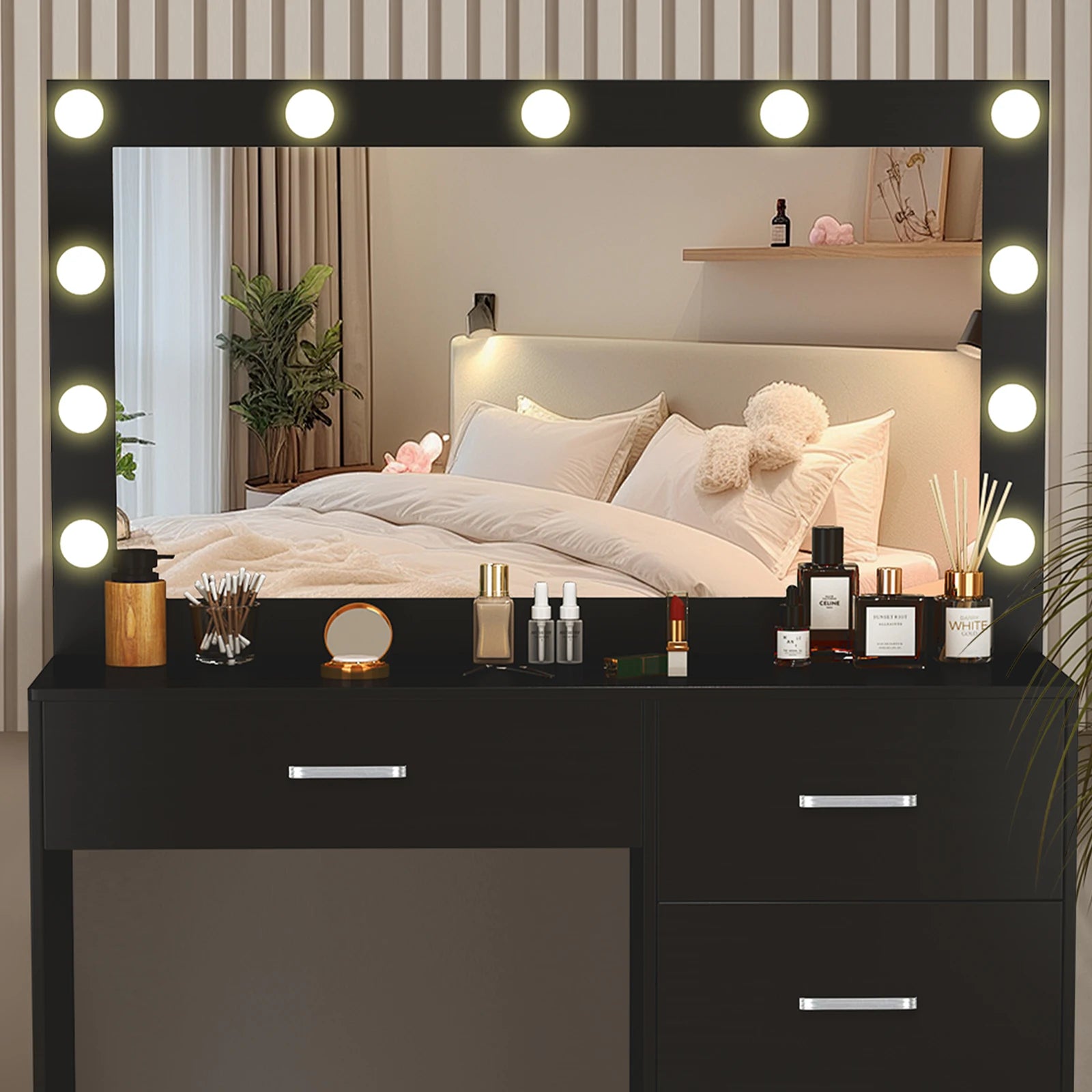 Black Vanity Dressing Table with Large Mirror 11 LED Lights Storage Drawers Bedroom Beauty Station for Women Girls Makeup Desk