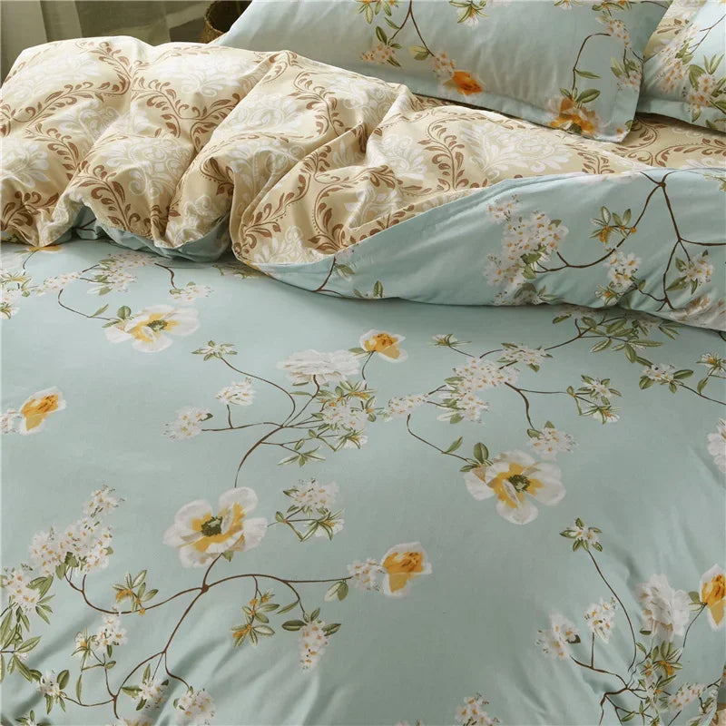 White Green Botanical Floral Duvet Cover Set Queen Reversible Gold Paisley Pattern Bedding Set Soft Microfiber Comforter Cover