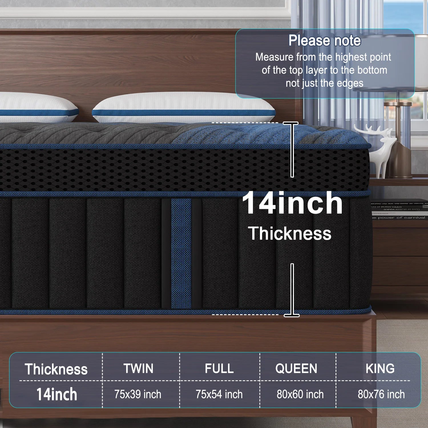 14in King Size Memony Foam Pocket Spring Hybrid Mattress in A Box, Medium Firm Lumbar Support for Home Rooms Hotels