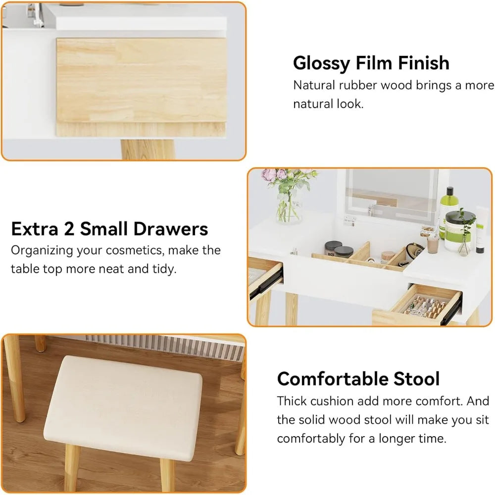 Makeup Vanity Desk with Flip-top Mirror and Lights, 3-in-1 Makeup Vanity Table with 2 Drawers and Cushioned Stool, Writ