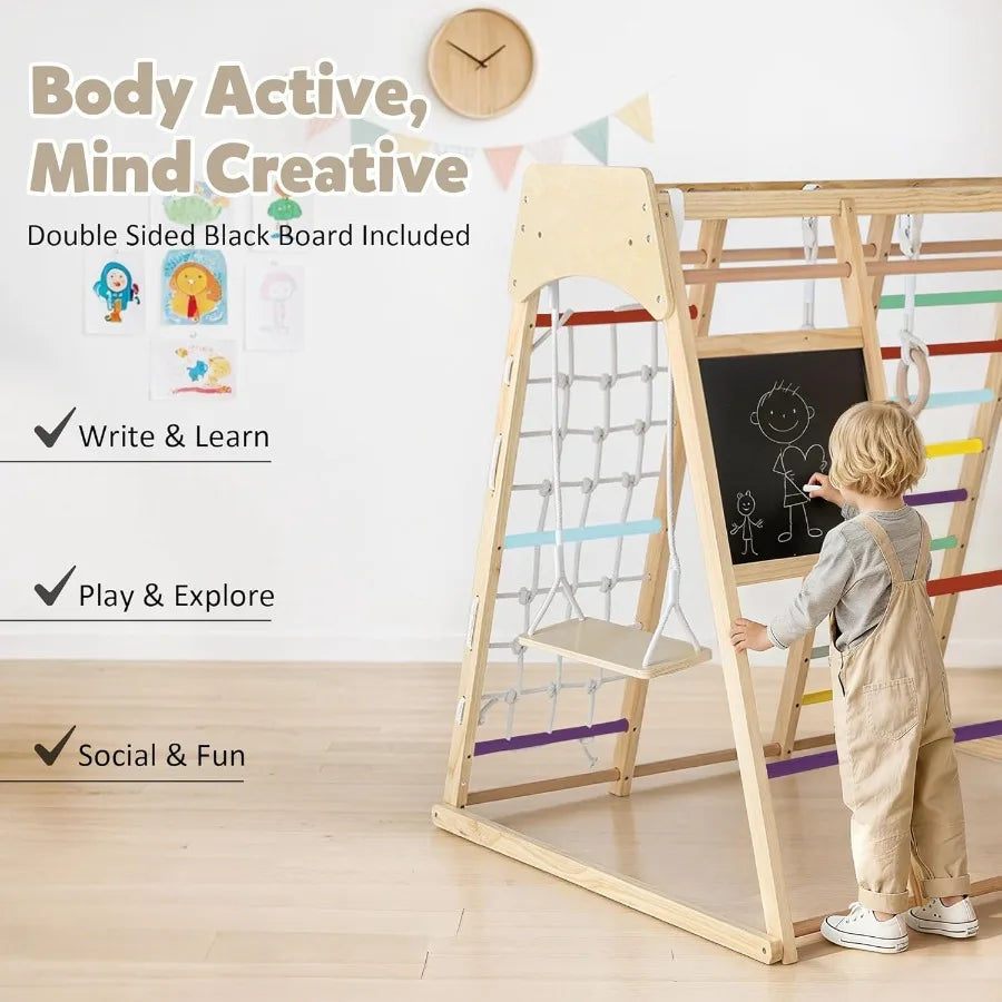 10-in-1 Wooden Montessori Indoor & Outdoor Jungle Gym – Climbing Set with Swing & Slide