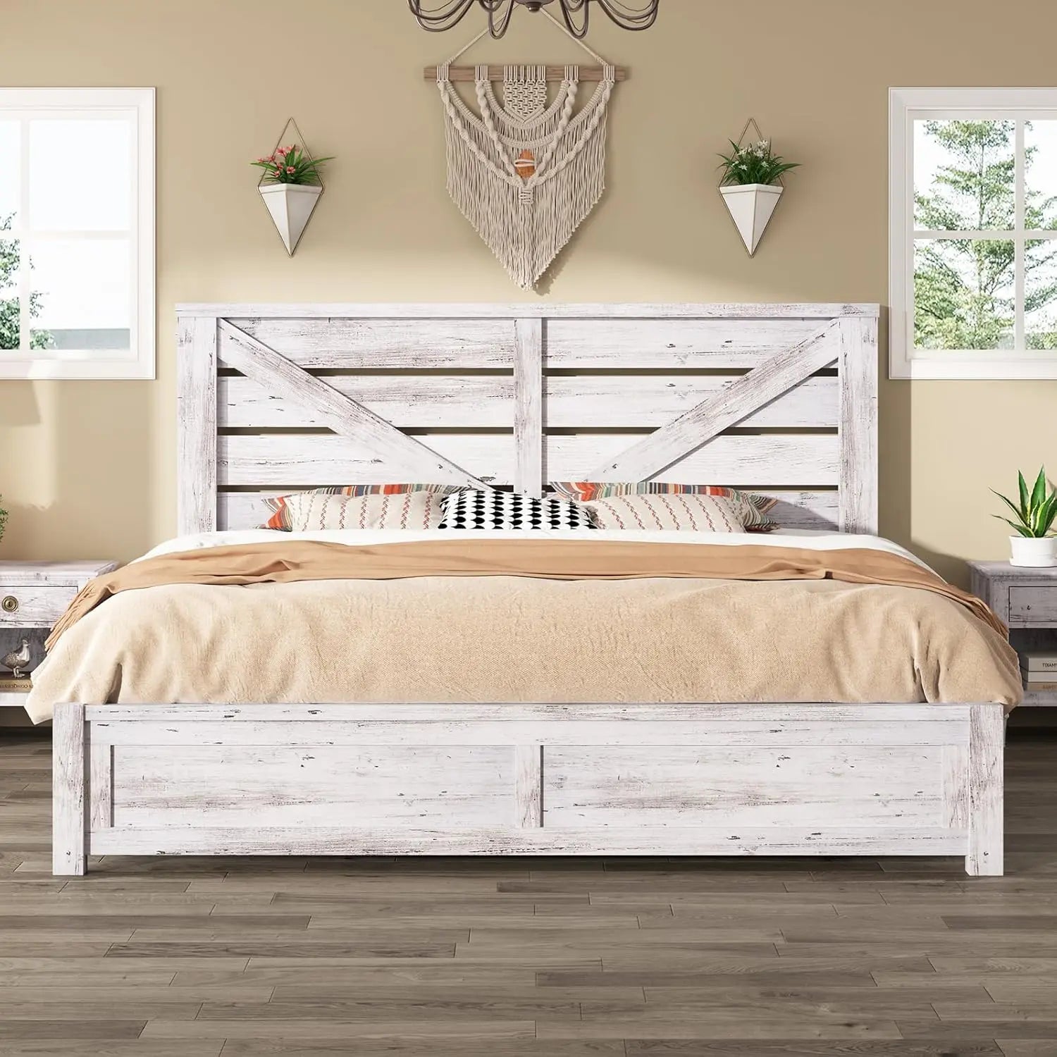 King Size Farmhouse Platform Bed Frame – 49.2″ Barn Door Headboard with Underbed Storage (Distressed White)