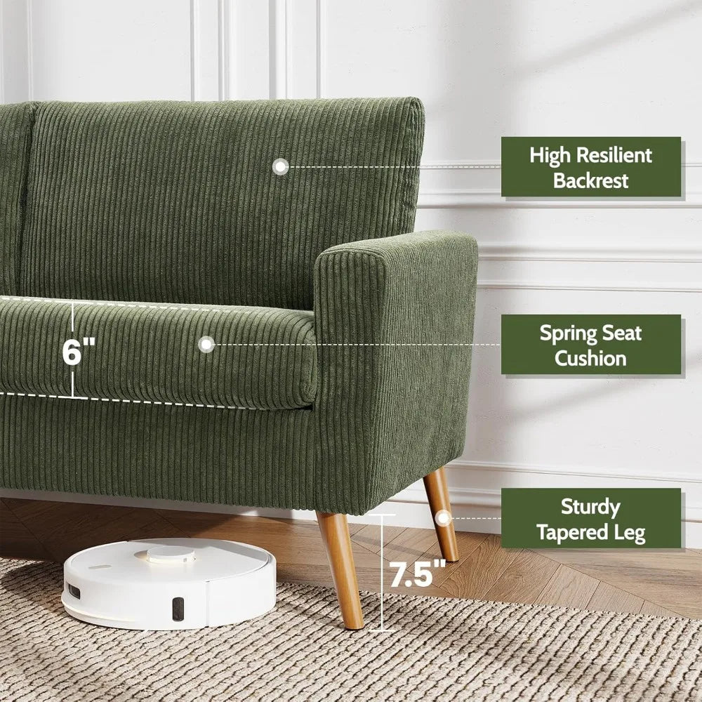 68" Loveseat Sofa Green Corduroy Couch, Mid Century Modern Love Seat Couches for Living Room, Small Loveseat for Bedroom Office